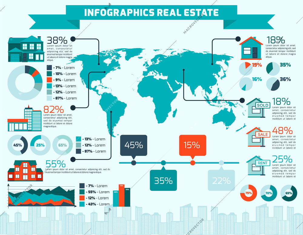 Real estate apartment sale and rent infographics with world map and charts vector illustration