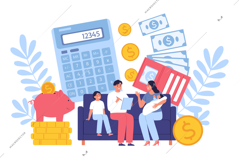 Family planning their budget together flat concept with human characters calculator and money vector illustration