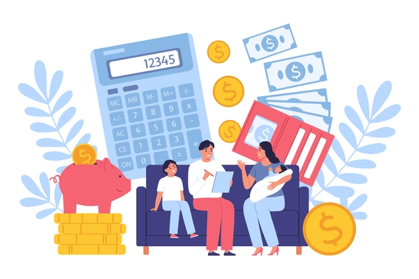 Family planning their budget together flat concept with human characters calculator and money vector illustration