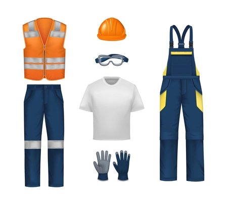 Workwear uniform realistic set with isolated icons of overall orange vest trousers protective gloves and eyeglasses vector illustration