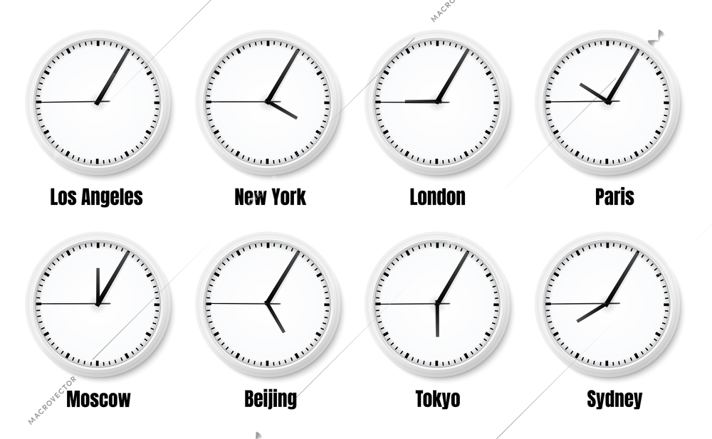 Office clock timezones realistic composition with clocks showing time around world isolated vector illustration