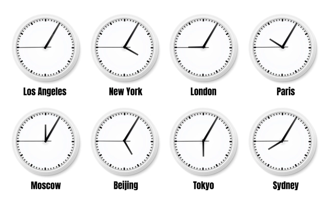 Office clock timezones realistic composition with clocks showing time around world isolated vector illustration