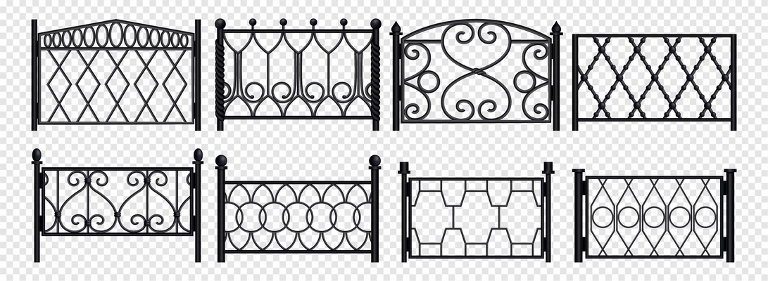 Forged metal fence sections with different pattern realistic set on transparent background isolated vector illustration