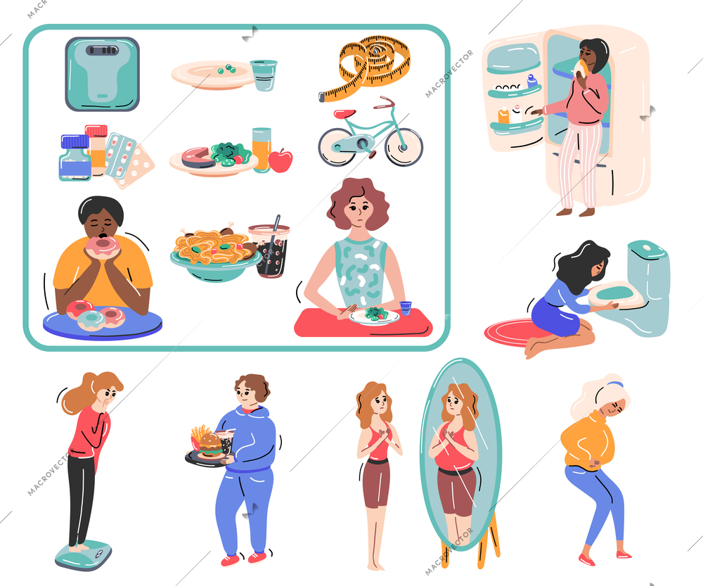 FP eating disorders flat set with isolated icons of food medication and characters of bothered women vector illustration