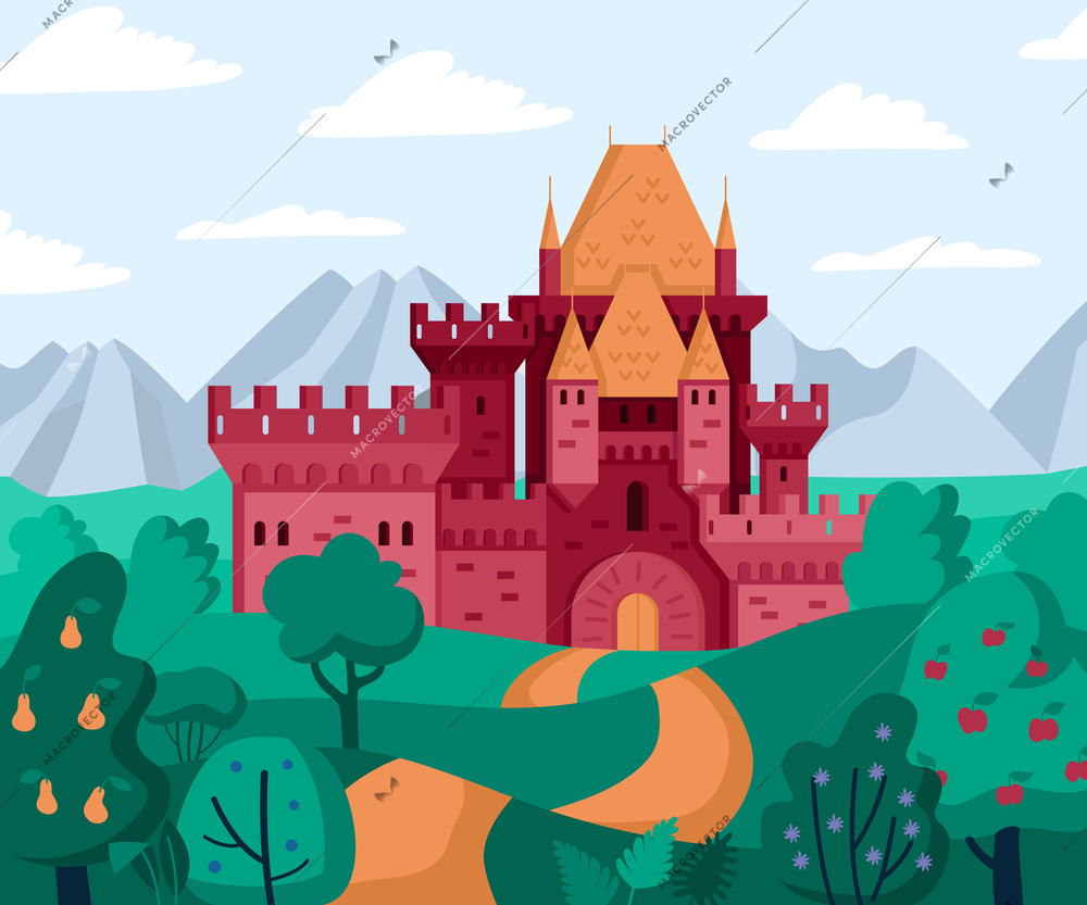 Kingdom castle composition with outdoor cartoon style landscape with mountains fruit trees and palace on hills vector illustration