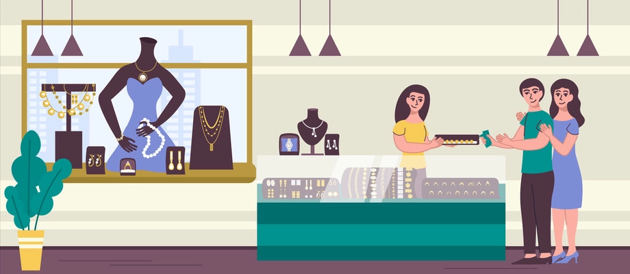 Jewelry store flat composition couple in love choosing jewelry in a store vector illustration