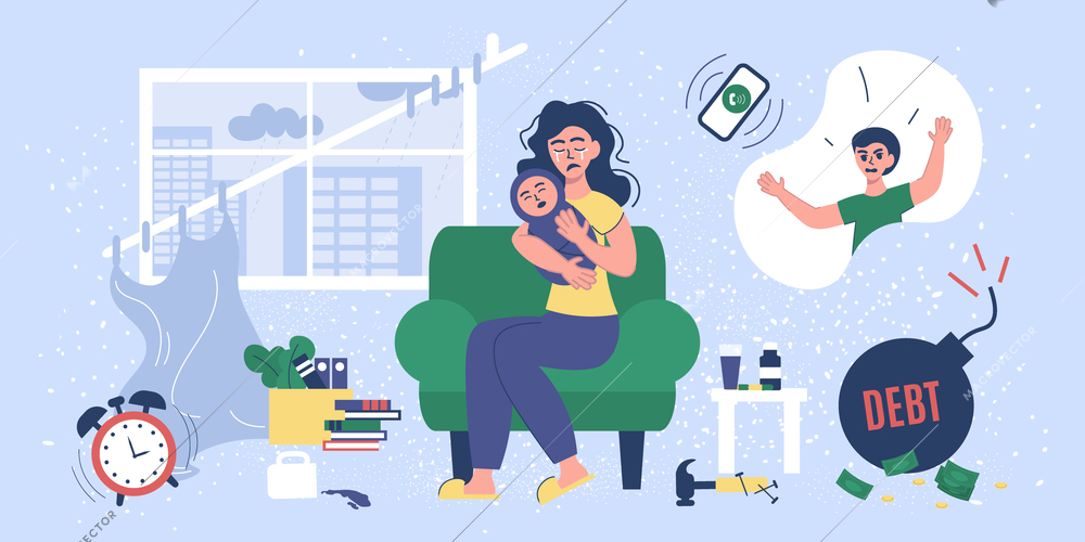 Colored flat stress people composition tired young mother with tears in her eyes sits at home with her baby vector illustration