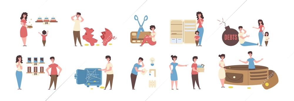 Flat colored poverty icon set getting fired from work having an empty purse and fridge not being able to buy things in store vector illustration