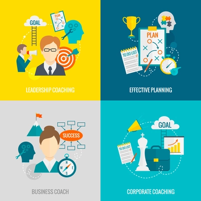 Coaching business design concept set with business corporate leadership coaching effective planning flat icons isolated vector illustration