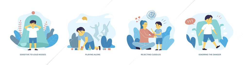 Autism flat compositions set with child showing signs of autistic spectrum disorder playing alone ignoring danger sensitive to noise isolated vector illustration