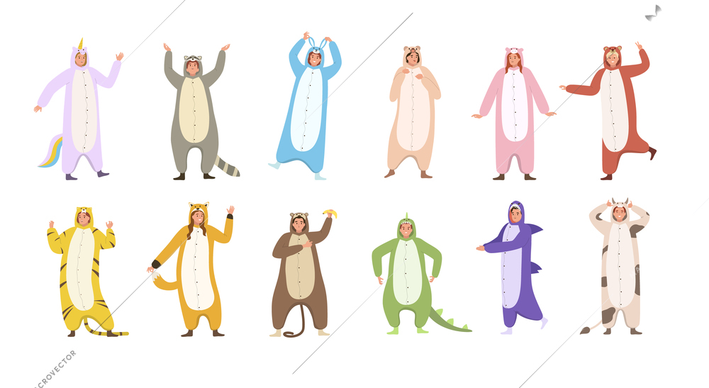 Flat set of people wearing colorful kigurumi pyjamas representing animals isolated on white background vector illustration