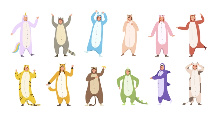 Flat set of people wearing colorful kigurumi pyjamas representing animals isolated on white background vector illustration