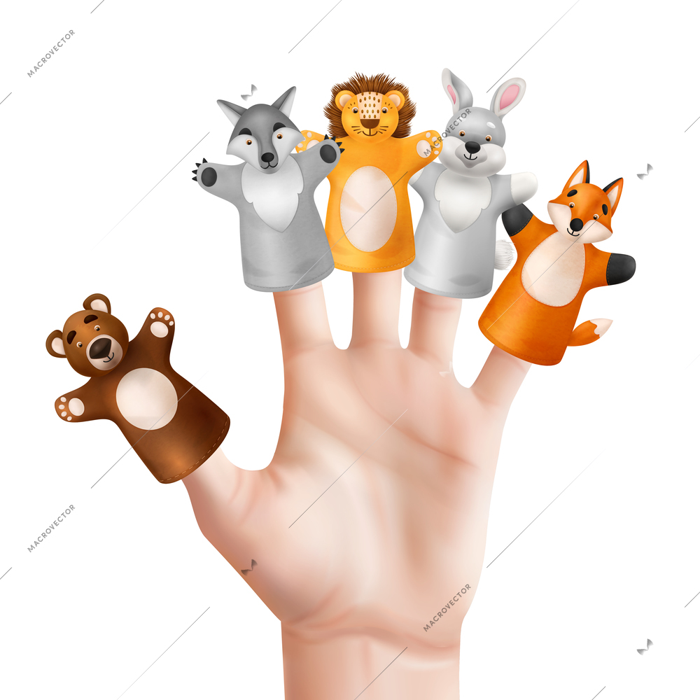 Human hand wearing five cute puppet theater animal toys on white background realistic vector illustration