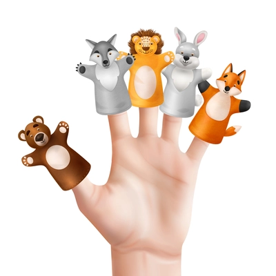Human hand wearing five cute puppet theater animal toys on white background realistic vector illustration