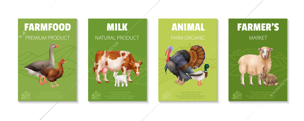 Farm natural organic product realistic vertical poster set with domestic animals and birds on green background isolated vector illustration