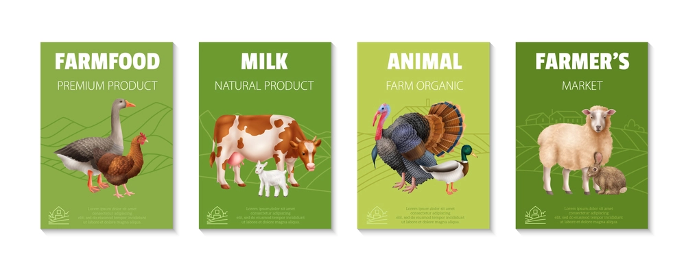 Farm natural organic product realistic vertical poster set with domestic animals and birds on green background isolated vector illustration