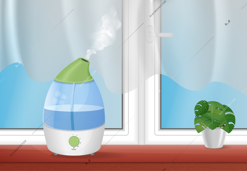 Humidifier realistic composition with indoor view of window ledge with curtain pot plant and vapor cloud vector illustration