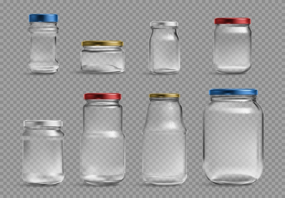 Realistic glass jars on transparent background set with isolated glossy cans mockup images with aluminium caps vector illustration