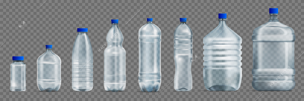 Realistic plastic water bottles set on transparent background with isolated mockups of different shape with caps vector illustration