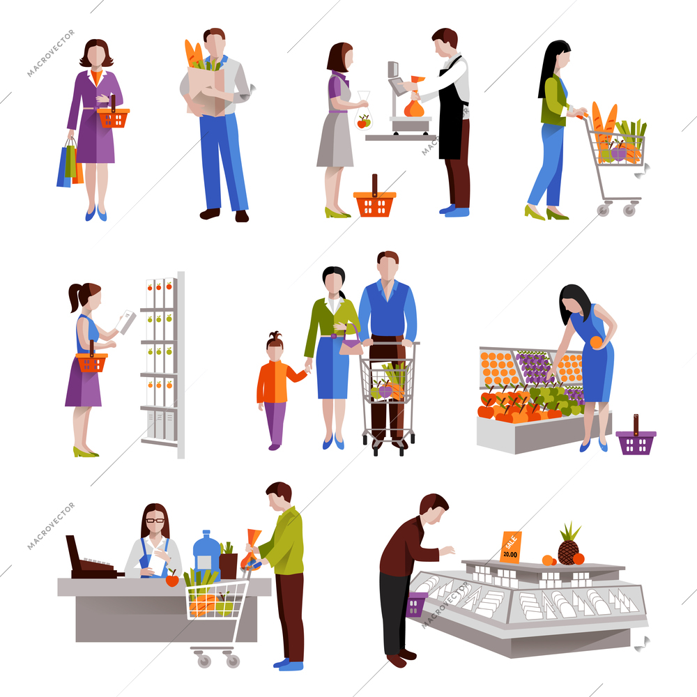 People in supermarket buying grocery products decorative icons set isolated vector illustration