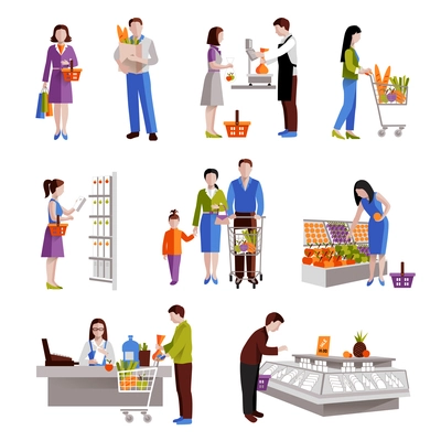 People in supermarket buying grocery products decorative icons set isolated vector illustration