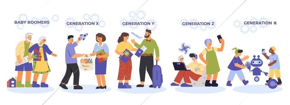 Generation composition with set of isolated human characters belonging to baby boomers x y and z vector illustration