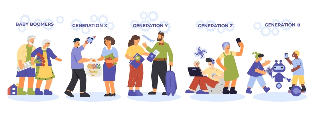 Generation composition with set of isolated human characters belonging to baby boomers x y and z vector illustration