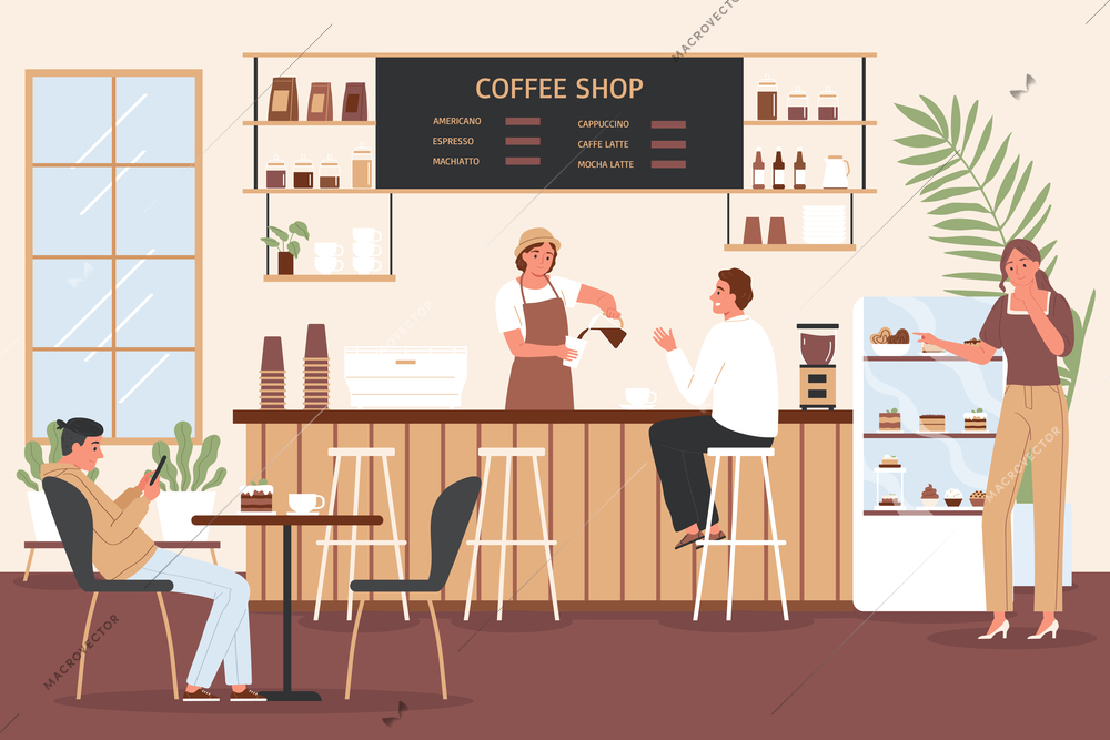 Coffee shop interior with customers sitting at table choosing desserts and barista making drink at counter flat vector illustration