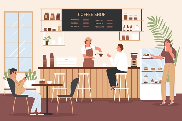 Coffee shop interior with customers sitting at table choosing desserts and barista making drink at counter flat vector illustration