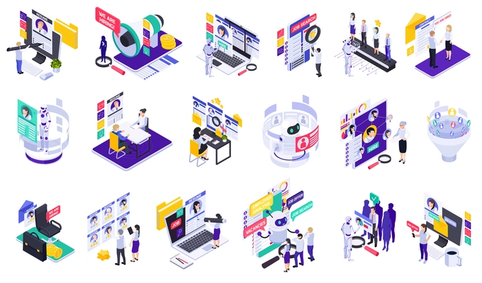 Hr recruitment hiring isometric set with isolated icons of work profiles job candidates and working spaces vector illustration