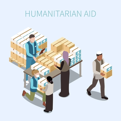 Humanitarian aid isometric composition with volunteer giving help boxes with material assistance items to refugees vector illustration