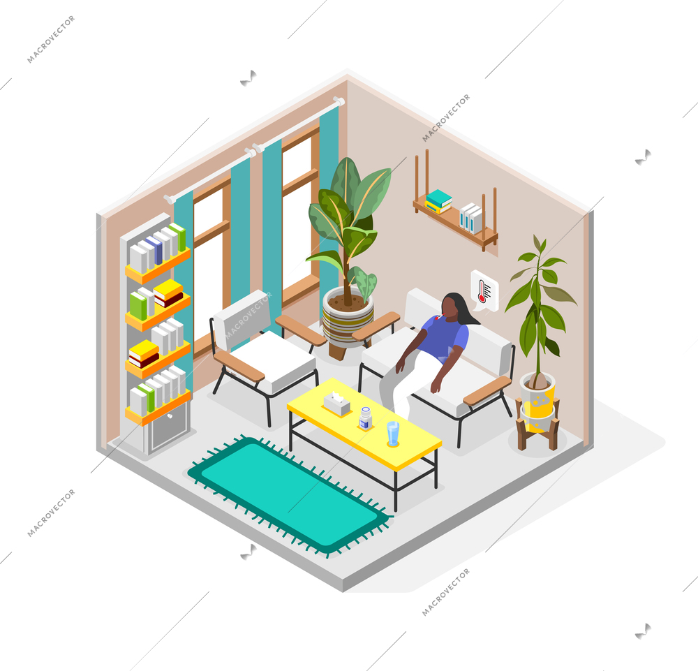 Pms woman isometric composition of indoor scenery with sitting female character and thought bubble with thermometer vector illustration