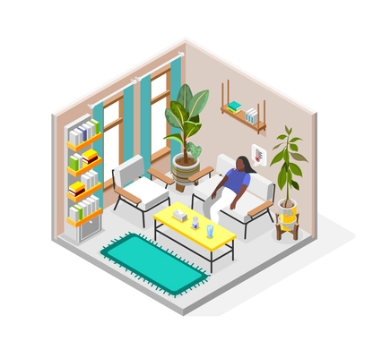 Pms woman isometric composition of indoor scenery with sitting female character and thought bubble with thermometer vector illustration