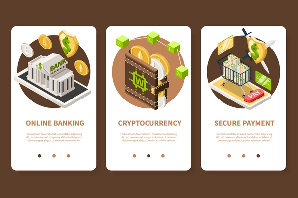 Set of three vertical fintech isometric app design banners with page switch buttons text and images vector illustration