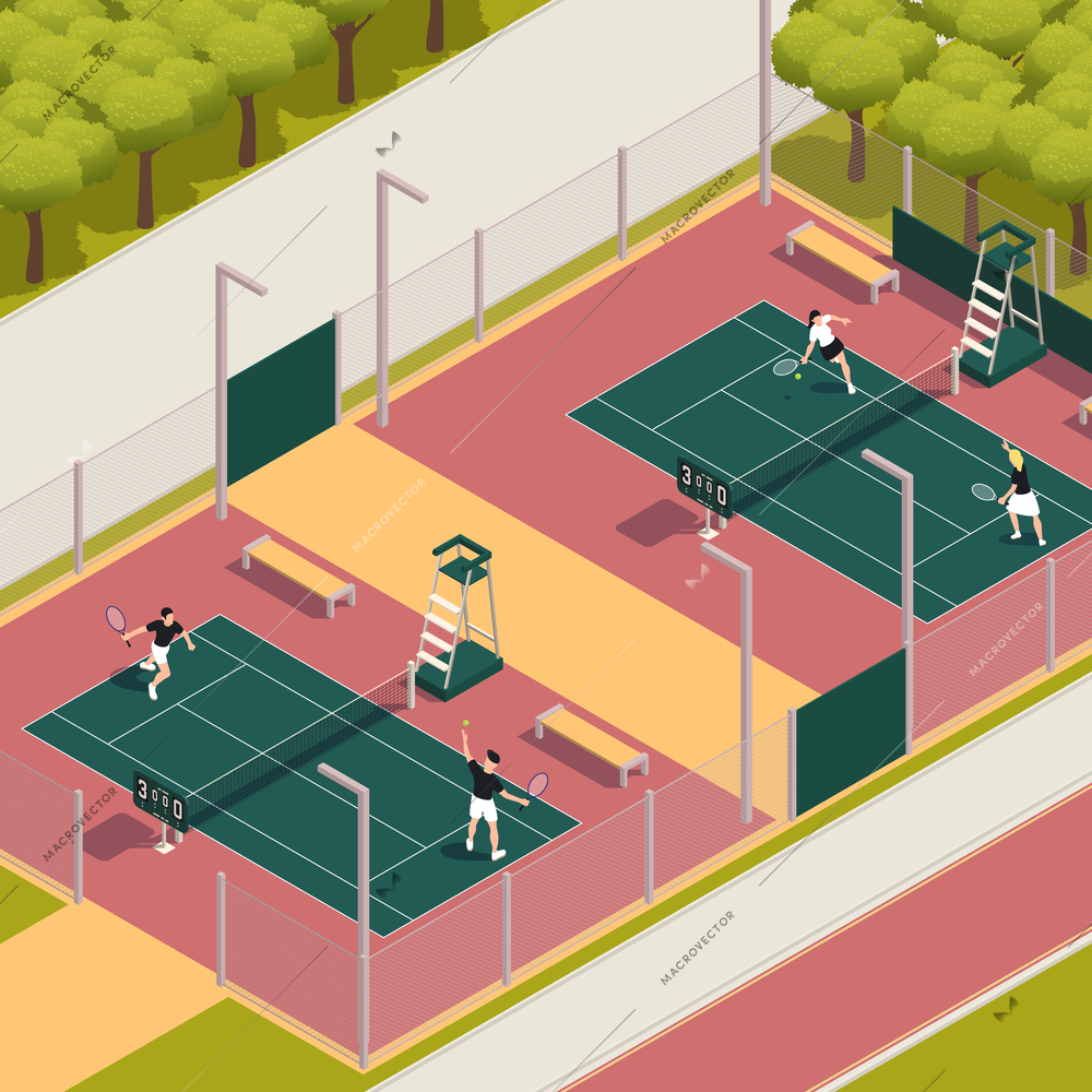 Tennis isometric composition field is divided into two courts where two teams play tennis vector illustration