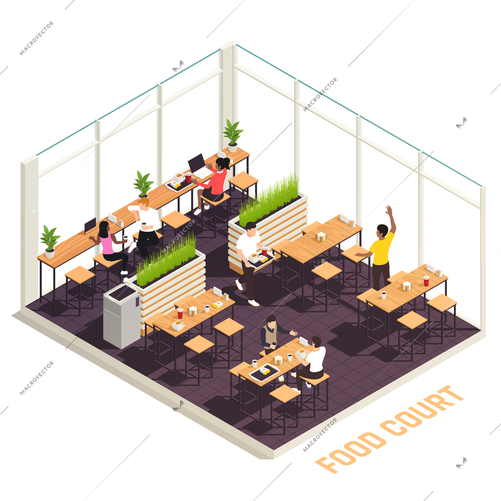 Food court colored and isometric composition diners sit at bar stools for lunch vector illustration