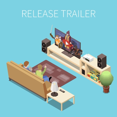 Game development isometric concept with release trailer symbols vector illustration