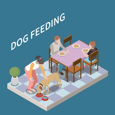 Dog sitter walker isometric concept with dog feeding  symbols vector illustration