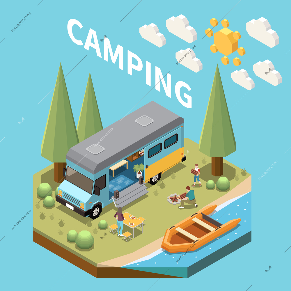 Camping and motor home concept with vacation symbols isometric vector illustration