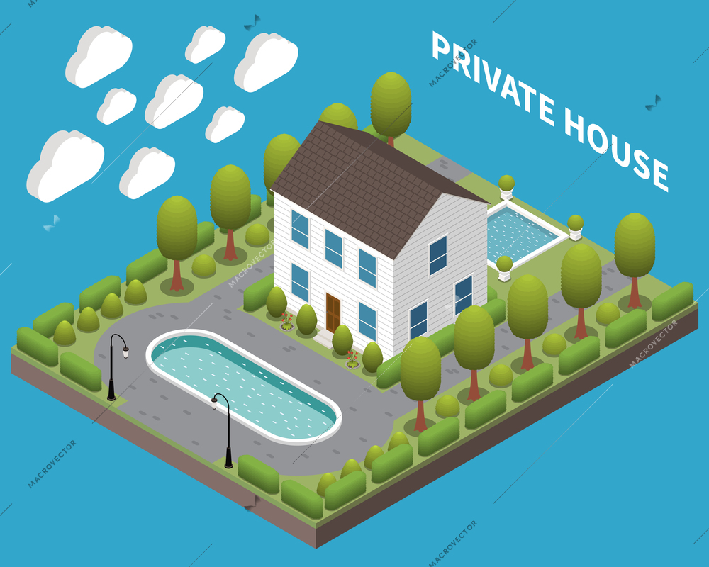 Park landscape design concept with private house isometric vector illustration