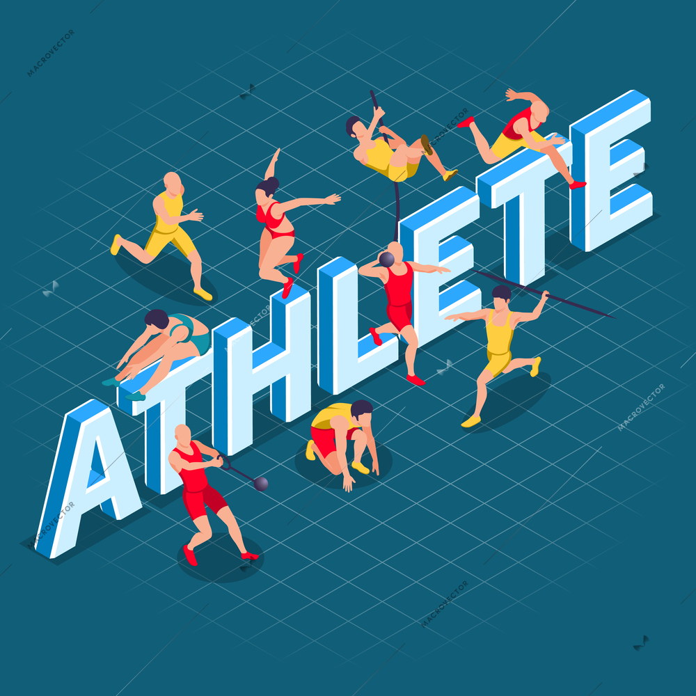 Sportsman athletics isometric composition of 3d text and small human characters of athletes holding sport equipment vector illustration