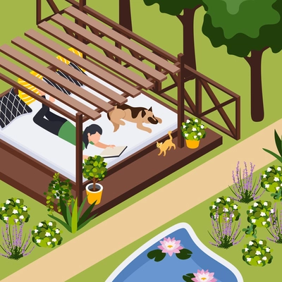 Garden furniture isometric composition with outdoor view of yard with exotic plants and bed with pillows vector illustration
