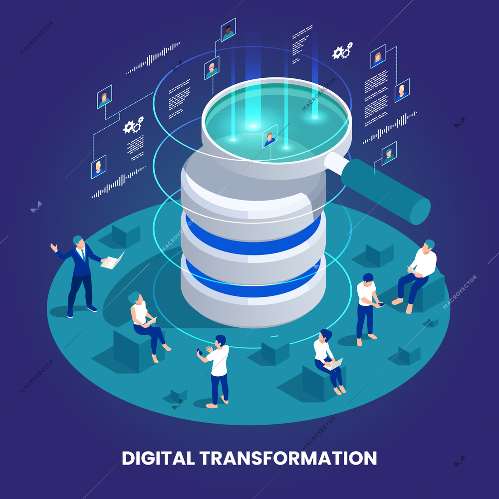 Digital transformation and digitalization isometric composition with social network symbols vector illustration