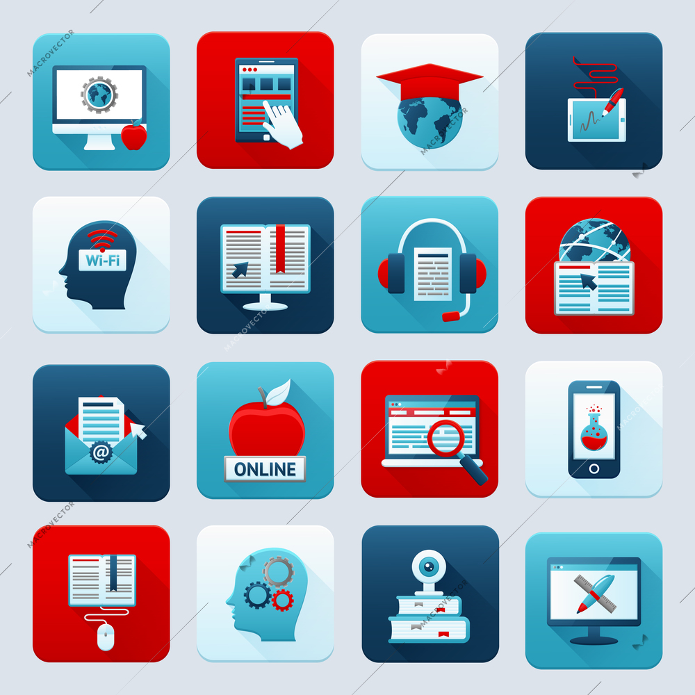 Online education e-learning distance knowledge digital training icons set isolated vector illustration