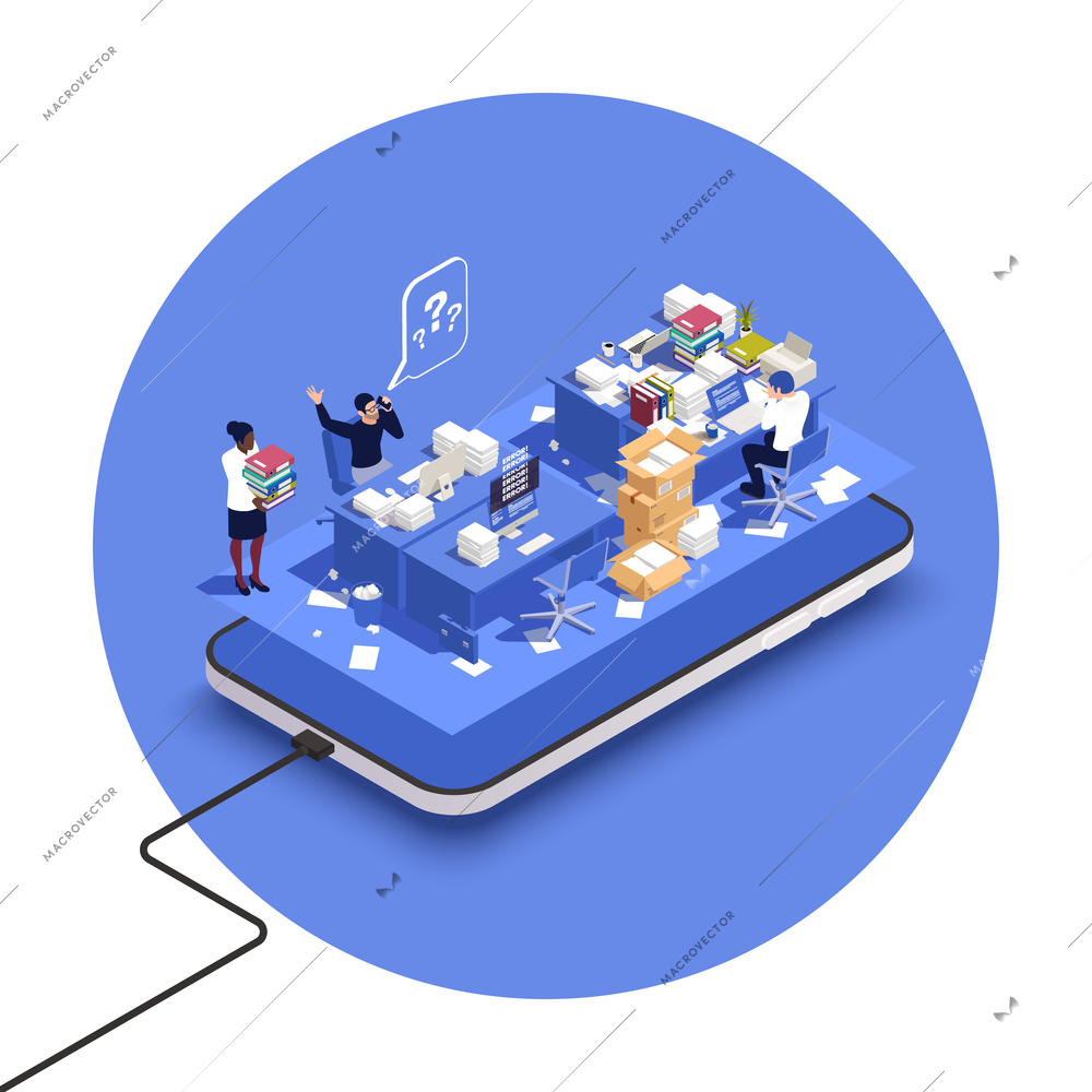 Messy office work isometric composition with smartphone and stressed people vector illustration