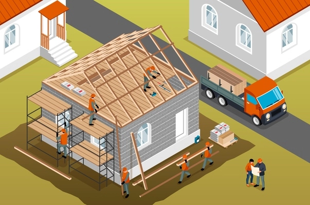 House construction background with roof installation symbols isometric vector illustration