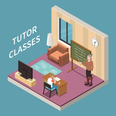 Homeschooling isometric composition with boy having mathematics class with tutor at his room 3d vector illustration