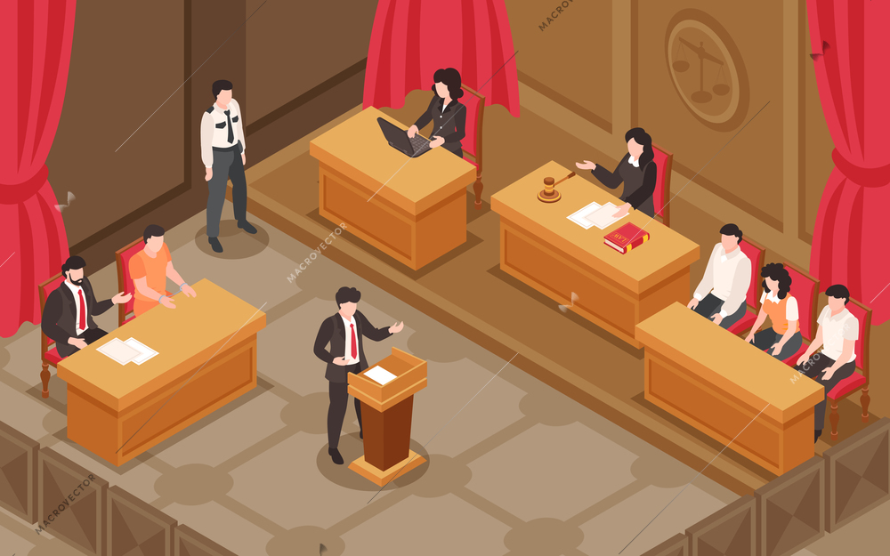Law and justice isometric background with prosecutor making speech before the jury in courthouse vector illustration