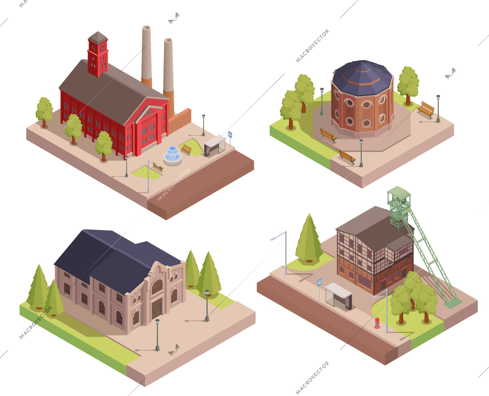 Isometric set of retro style industrial factories manufactures and other buildings isolated vector illustration