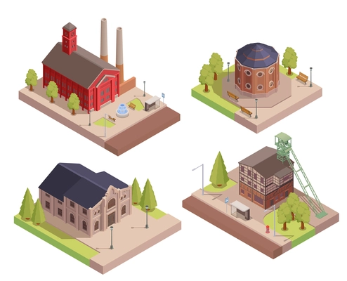 Isometric set of retro style industrial factories manufactures and other buildings isolated vector illustration